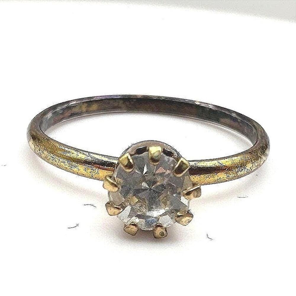 Vintage 80s Gold Tone Oval Clear Stone Solitaire Engagement Ring Band Jewelry